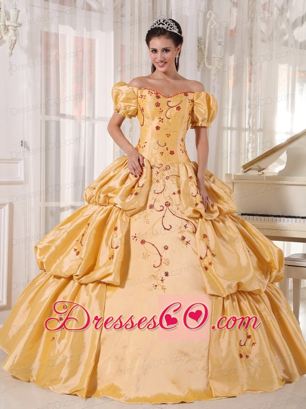 Gold Ball Gown Off The Shoulder Long Taffeta Embroidery Quinceanera Dress