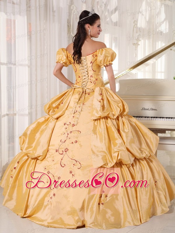 Gold Ball Gown Off The Shoulder Long Taffeta Embroidery Quinceanera Dress
