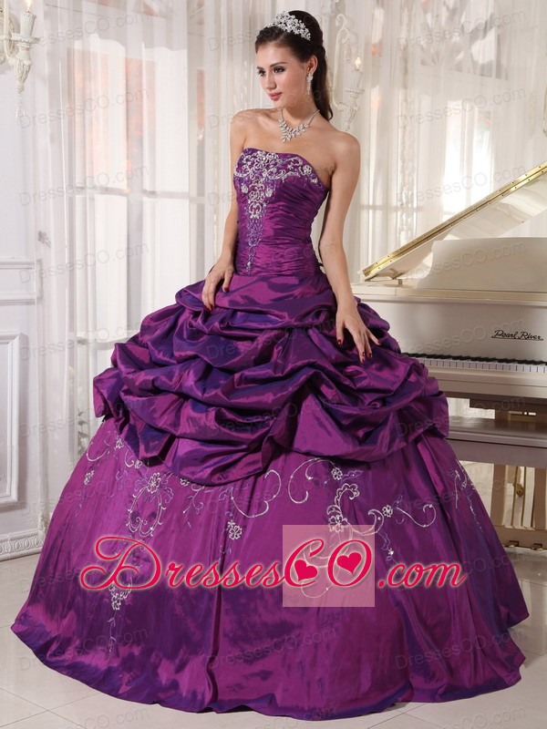 Eggplant Purple Ball Gown Strapless Long Taffeta Embroidery With Beading Quinceanera Dress
