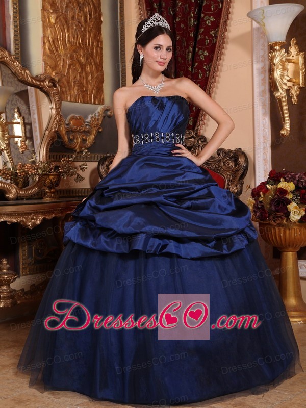 Navy Blue Ball Gown Strapless Long Tulle And Taffeta Beading Quinceanera Dress
