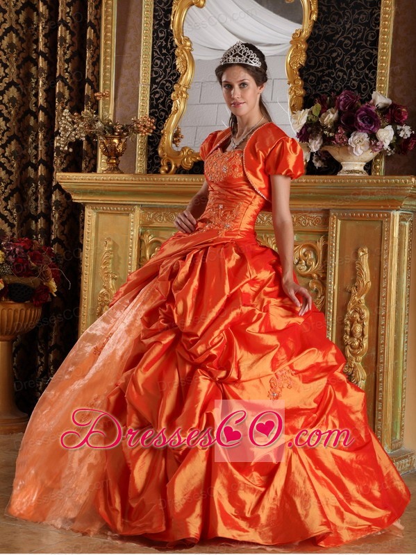 Orange Red Ball Gown Long Appliques Taffeta Quinceanera Dress
