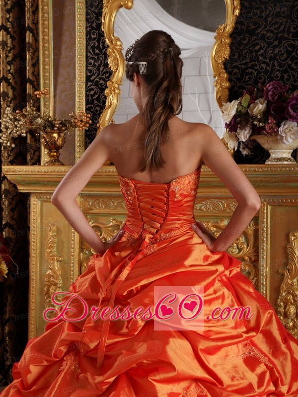 Orange Red Ball Gown Long Appliques Taffeta Quinceanera Dress