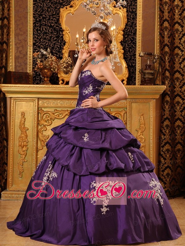Purple Ball Gown Long Taffeta Beading And Appliques Quinceanera Dress