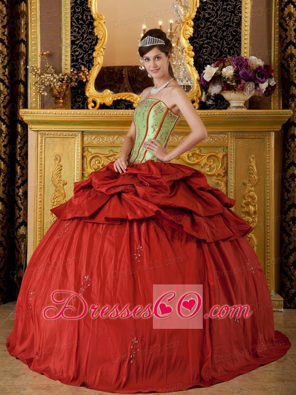 Red Ball Gown Strapless Long Appliques Taffeta Quinceanera Dress