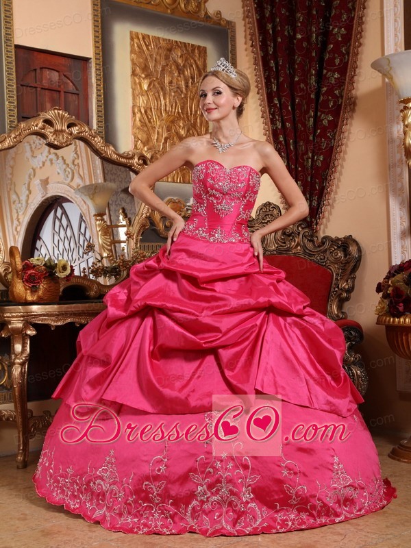 Coral Red Ball Gown Long Taffeta Embroidery With Beading Quinceanera Dress