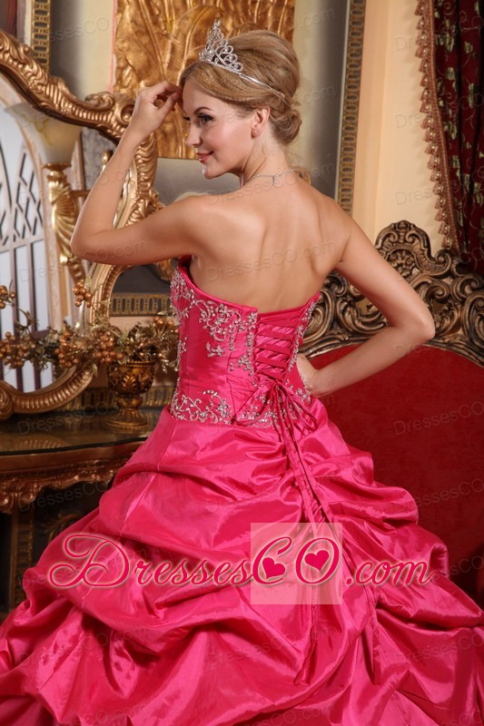 Coral Red Ball Gown Long Taffeta Embroidery With Beading Quinceanera Dress