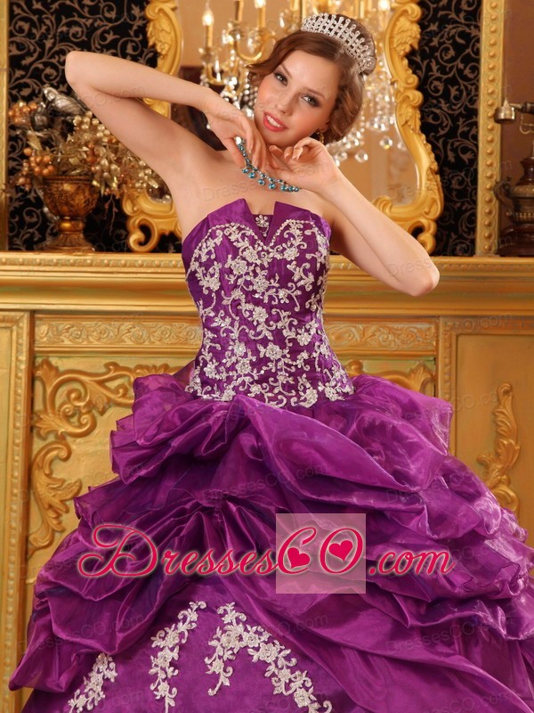 Fuchsia Ball Gown Strapless Long Organza Appliques Quinceanera Dress