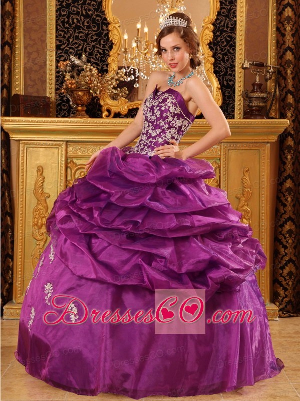 Fuchsia Ball Gown Strapless Long Organza Appliques Quinceanera Dress