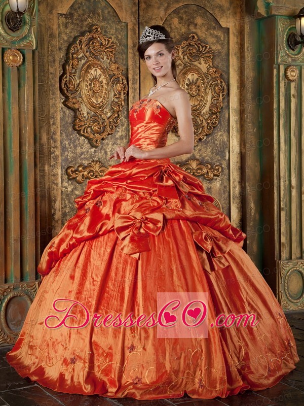 Orange Red Ball Gown Strapless Long Pick-ups Taffeta Quinceanera Dress