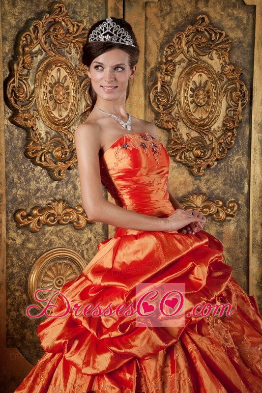 Orange Red Ball Gown Strapless Long Pick-ups Taffeta Quinceanera Dress