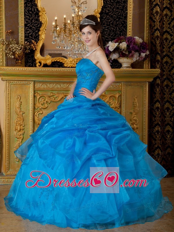 Blue Ball Gown Strapless Long Appliques Organza Quinceanera Dress