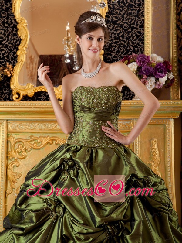 Olive Green Ball Gown Strapless Long Taffeta Appliques Quinceanera Dress