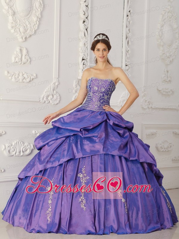 Purple Ball Gown Strapless Long Taffeta Embroidery And Beading Quinceanera Dress