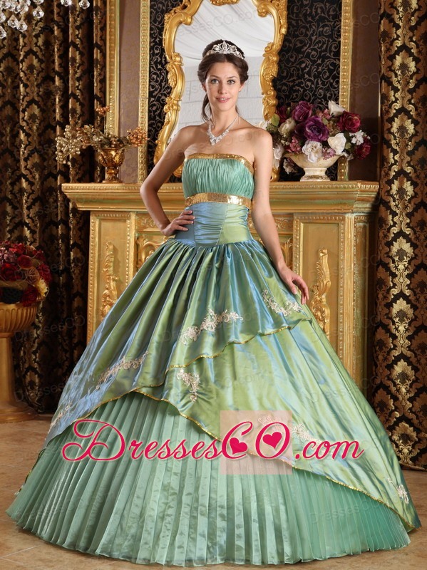Olive Green Ball Gown Strapless Long Taffeta And Organza Appliques Quinceanera Dress
