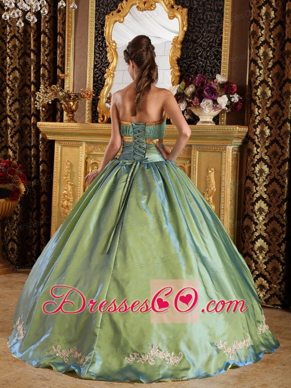 Olive Green Ball Gown Strapless Long Taffeta And Organza Appliques Quinceanera Dress