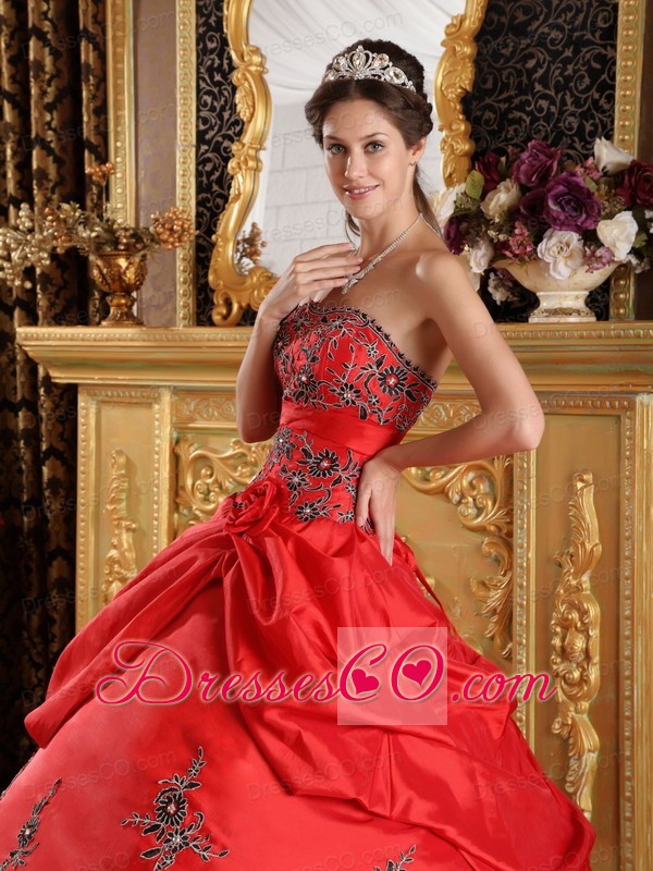 Red Ball Gown Strapless Long Taffeta Embroidery Quinceanera Dress