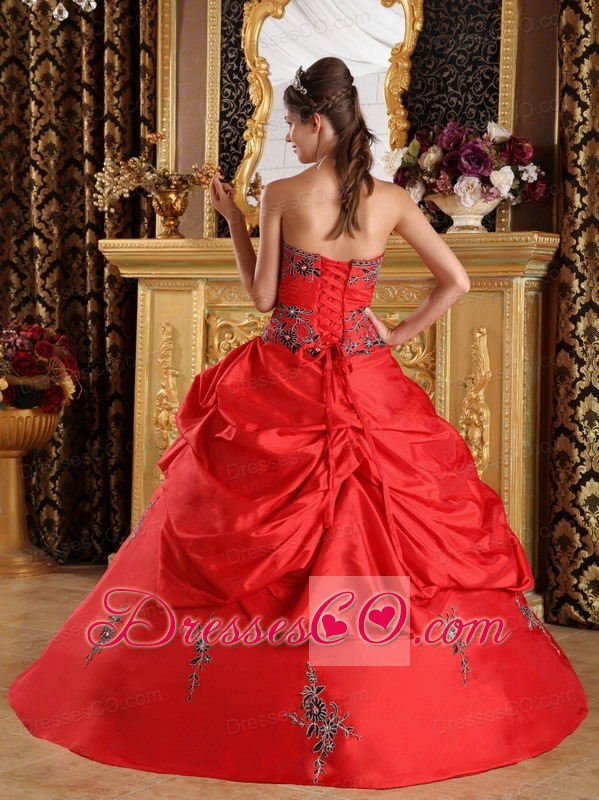 Red Ball Gown Strapless Long Taffeta Embroidery Quinceanera Dress