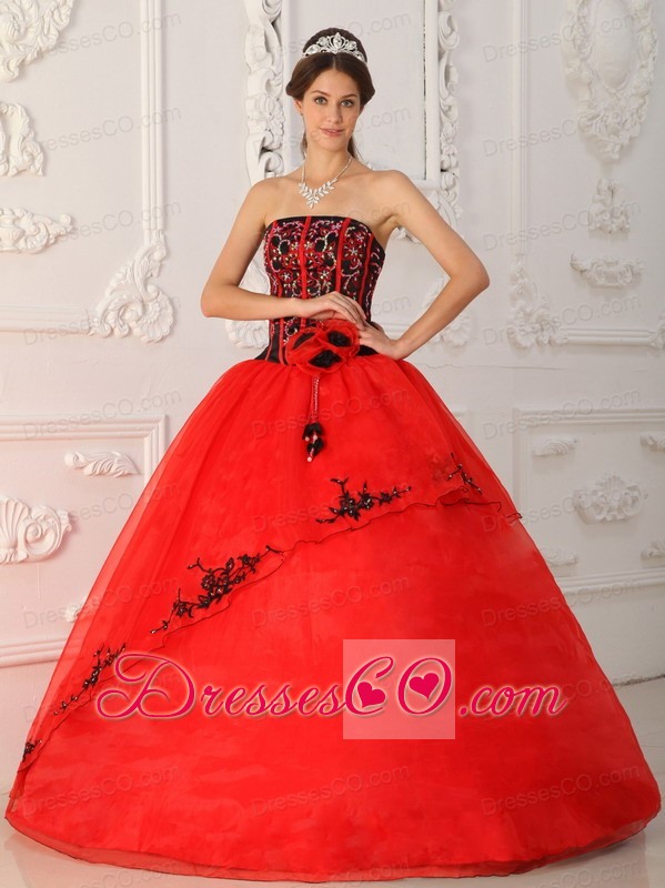 Red Ball Gown Strapless Long Satin And Organza Quinceanera Dress