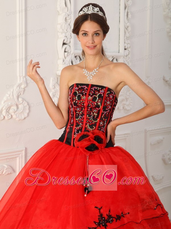 Red Ball Gown Strapless Long Satin And Organza Quinceanera Dress