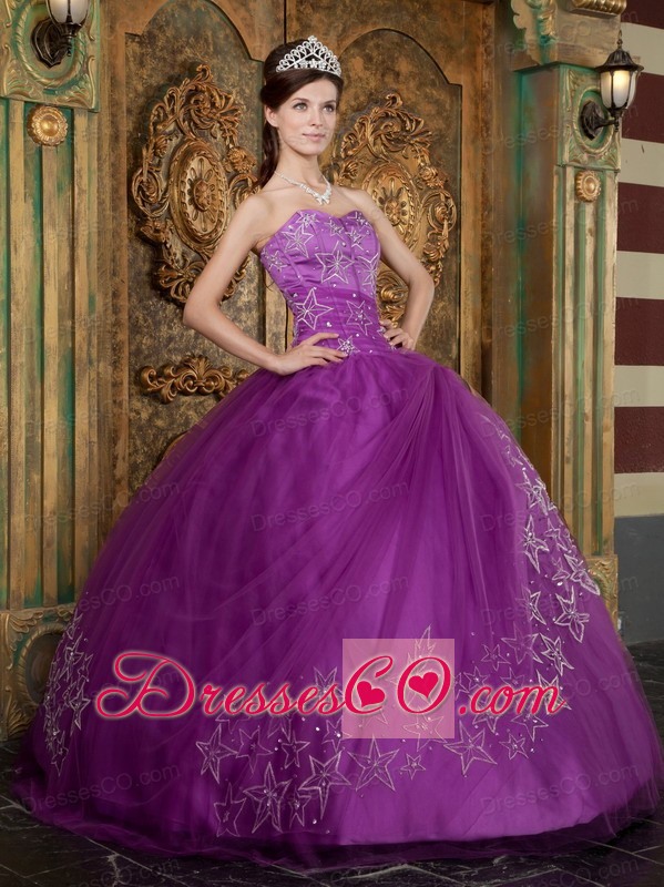 Purple Ball Gown Long Appliques Tulle Quinceanera Dress