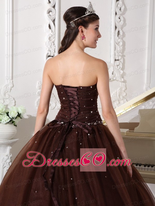 Brown Ball Gown Long Tulle Rhinestone Quinceanera Dress