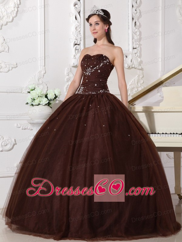 Brown Ball Gown Long Tulle Rhinestone Quinceanera Dress