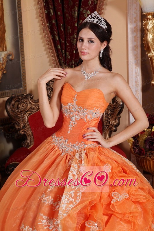 Orange Ball Gown Long Organza Beading Quinceanera Dress