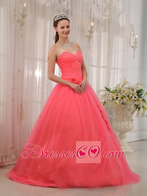 Watermelon Red Ball Gown Long Tulle Beading Quinceanera Dress
