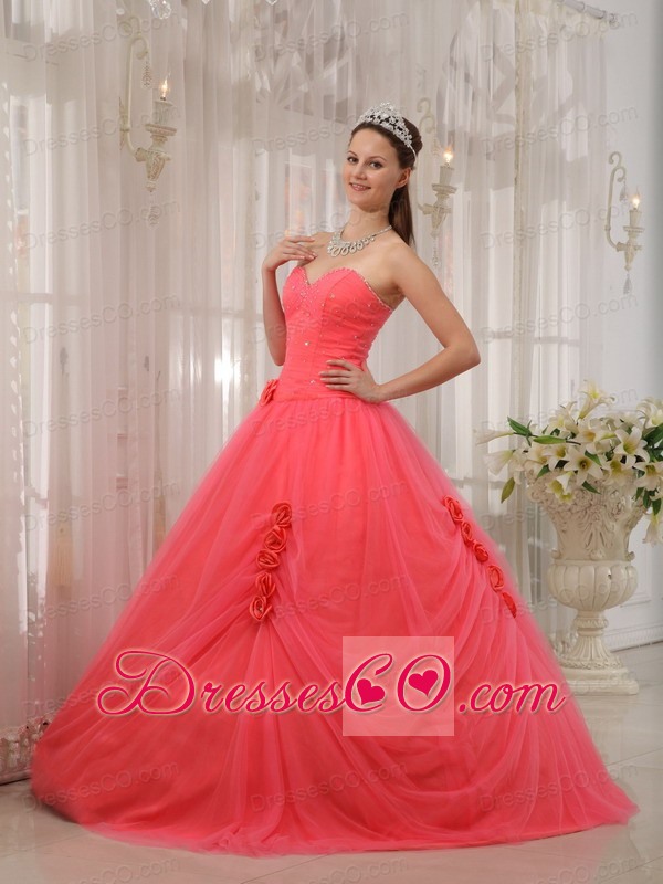 Watermelon Red Ball Gown Long Tulle Beading Quinceanera Dress