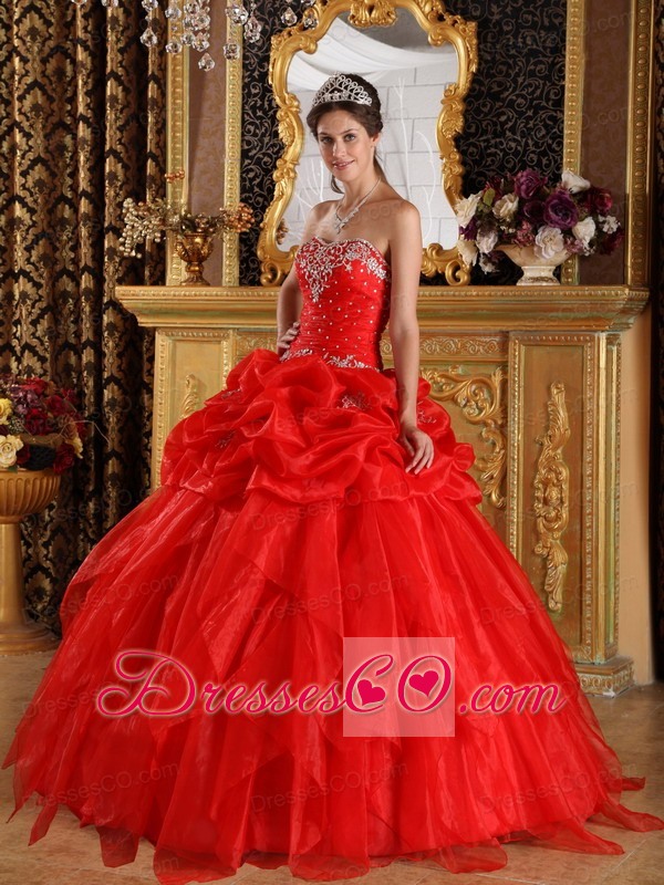Red Ball Gown Long Organza Appliques With Beading Quinceanera Dress