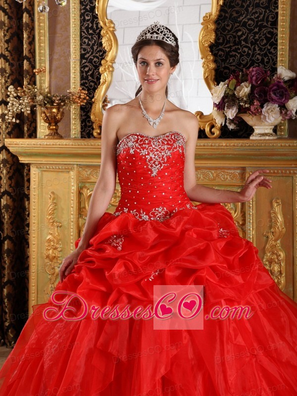 Red Ball Gown Long Organza Appliques With Beading Quinceanera Dress