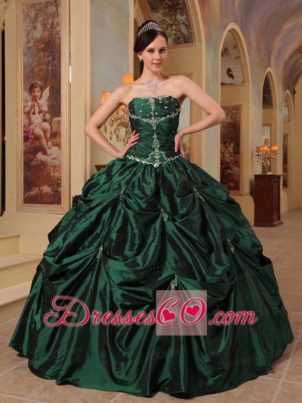 Hunter Green Ball Gown Strapless Long Beading Taffeta Quinceanera Dress