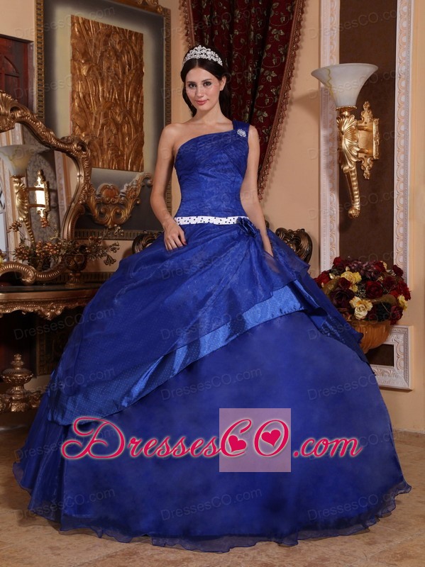 Royal Blue Ball Gown One Shoulder Long Organza Beading Quinceanera Dress