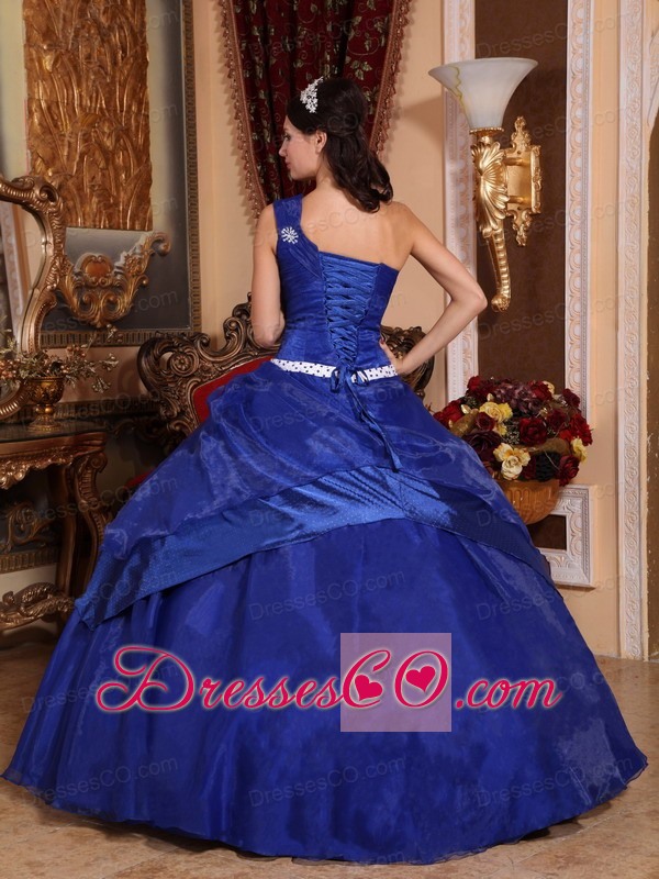 Royal Blue Ball Gown One Shoulder Long Organza Beading Quinceanera Dress