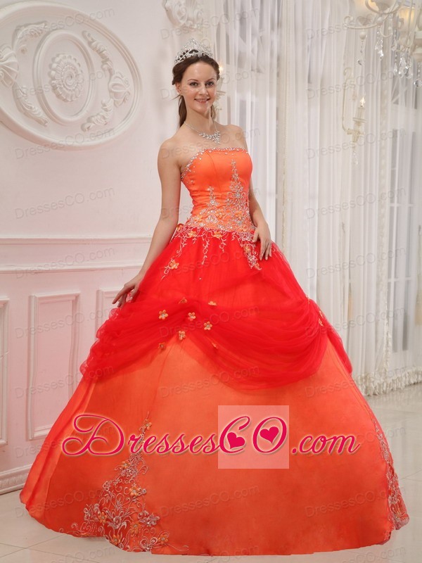 Orange Red Ball Gown Strapless Long Taffeta And Tulle Appliques Quinceanera Dress