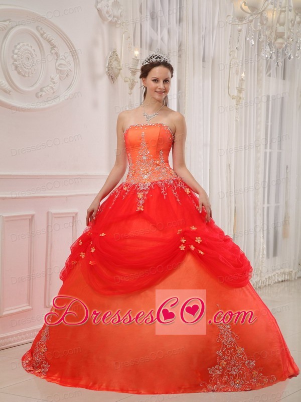 Orange Red Ball Gown Strapless Long Taffeta And Tulle Appliques Quinceanera Dress