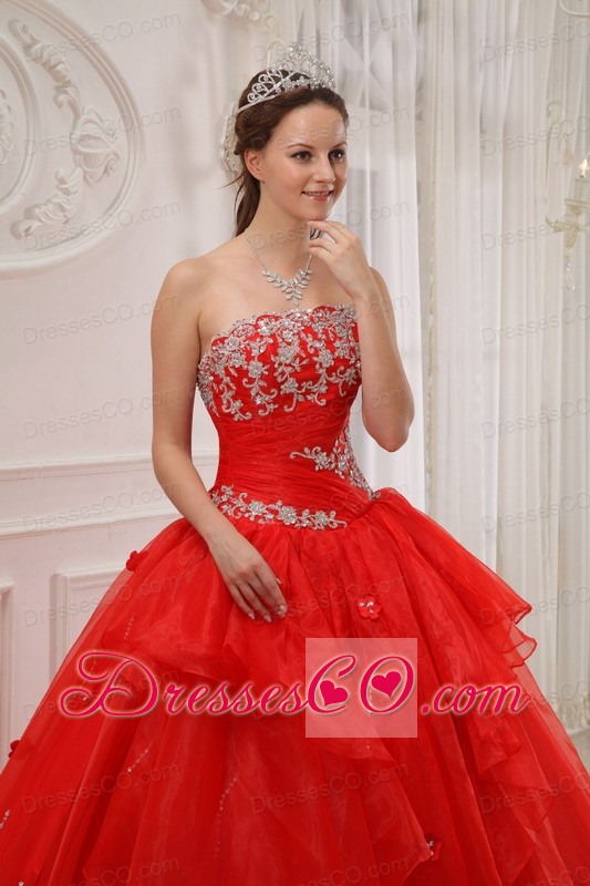 Red Ball Gown Strapless Long Taffeta And Organza Appliques Quinceanera Dress