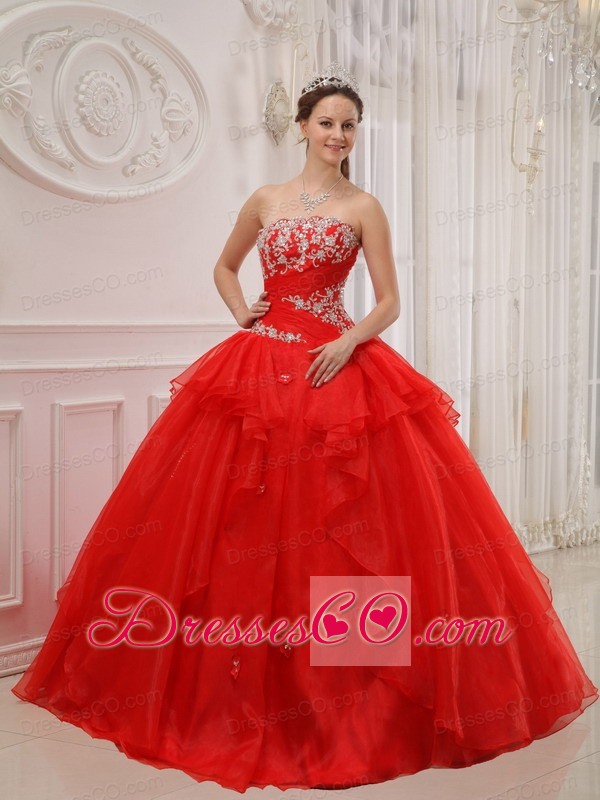 Red Ball Gown Strapless Long Taffeta And Organza Appliques Quinceanera Dress