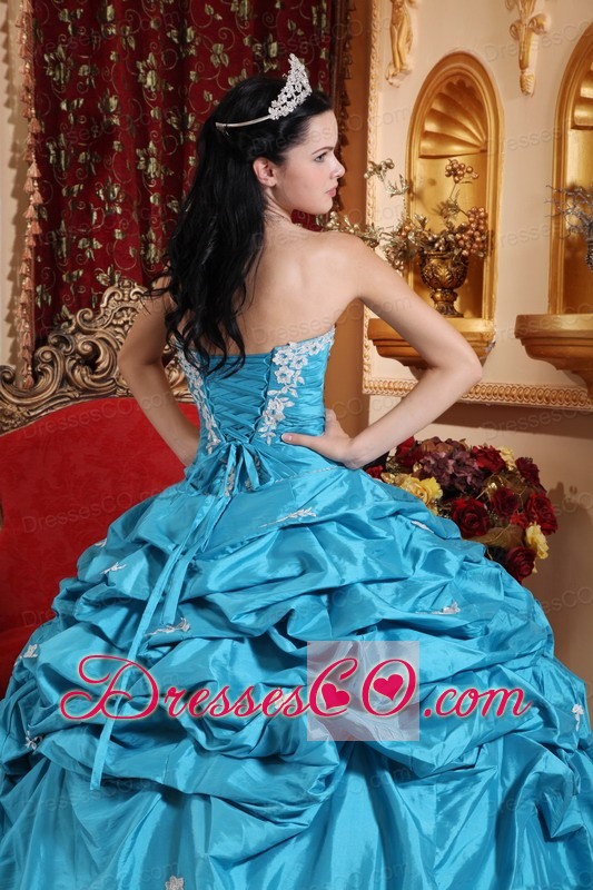 Aqua Blue Ball Gown Strapless Long Taffeta Appliques Quinceanera Dress
