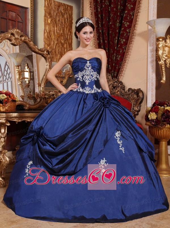 Navy Blue Ball Gown Long Satin Appliques Quinceanera Dress