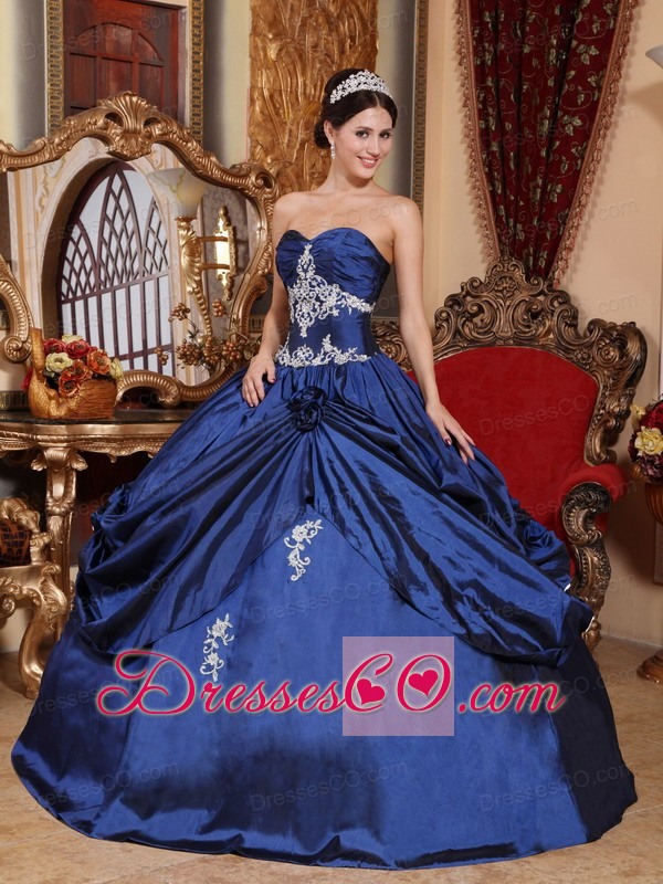 Navy Blue Ball Gown Long Satin Appliques Quinceanera Dress