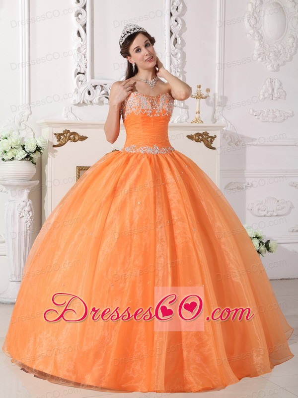 Orange Ball Gown Strapless Long Taffeta And Organza Appliques Quinceanera Dress
