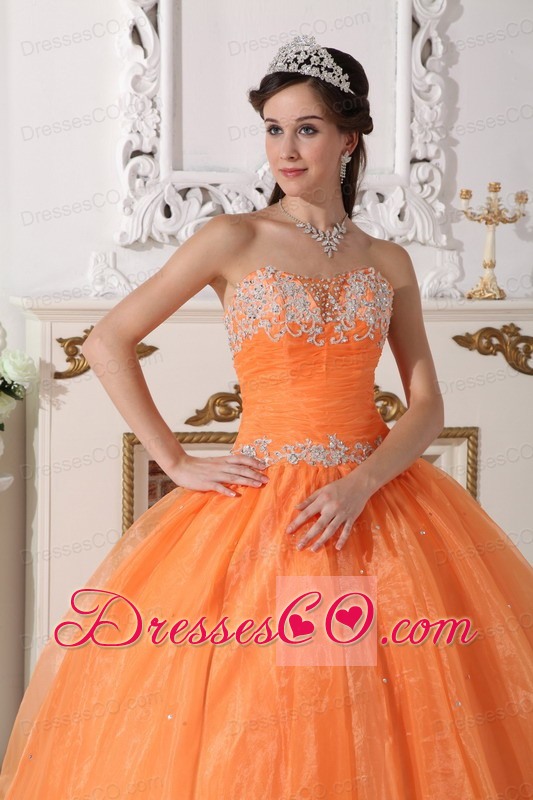 Orange Ball Gown Strapless Long Taffeta And Organza Appliques Quinceanera Dress