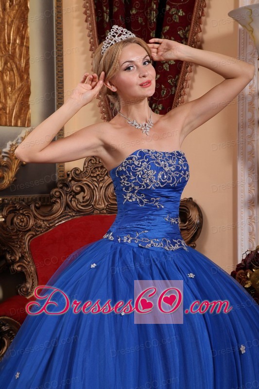 Blue Ball Gown Strapless Long Taffeta And Tulle Appliques Quinceanera Dress