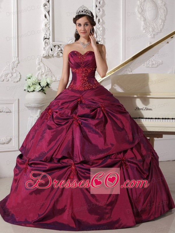 Burgundy Ball Gown Long Taffeta Appilques Quinceanera Dress
