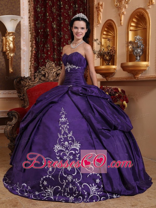 Purple Ball Gown Long Taffeta Embroidery Quinceanera Dress