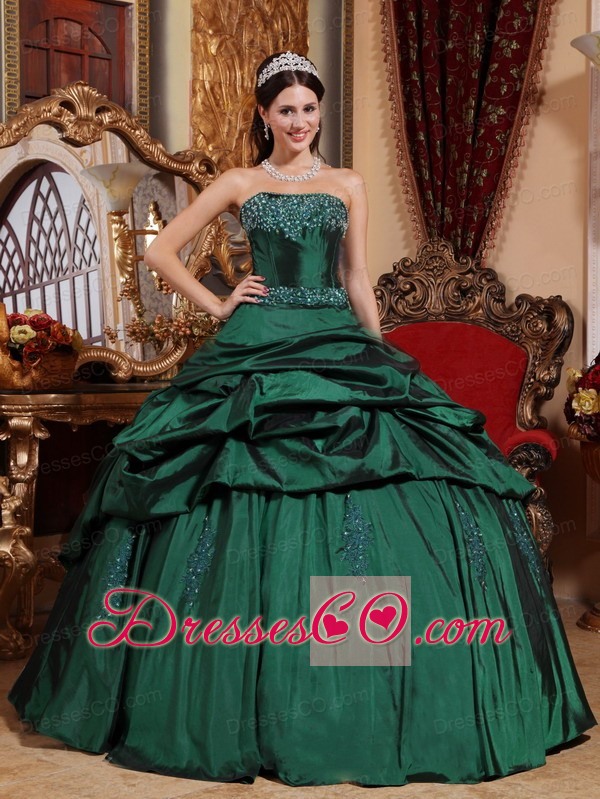 Green Ball Gown Strapless Long Taffeta Beading Quinceanera Dress