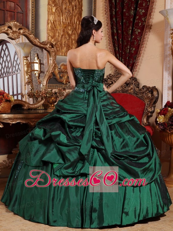 Green Ball Gown Strapless Long Taffeta Beading Quinceanera Dress