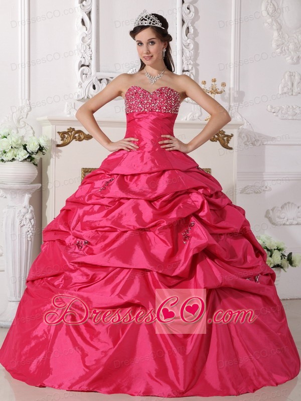 Coral Red Ball Gown Long Taffeta Beading Quinceanera Dress