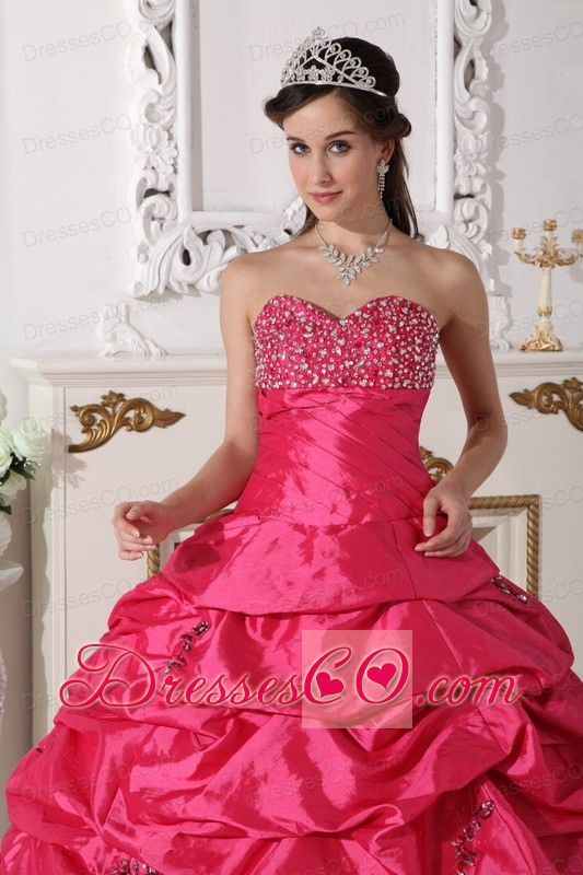 Coral Red Ball Gown Long Taffeta Beading Quinceanera Dress